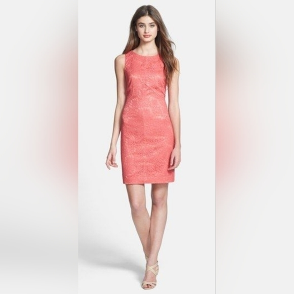 Vince Camuto Coral Lace Sheath Dress. Gently Used Like New Condition Women's 4.